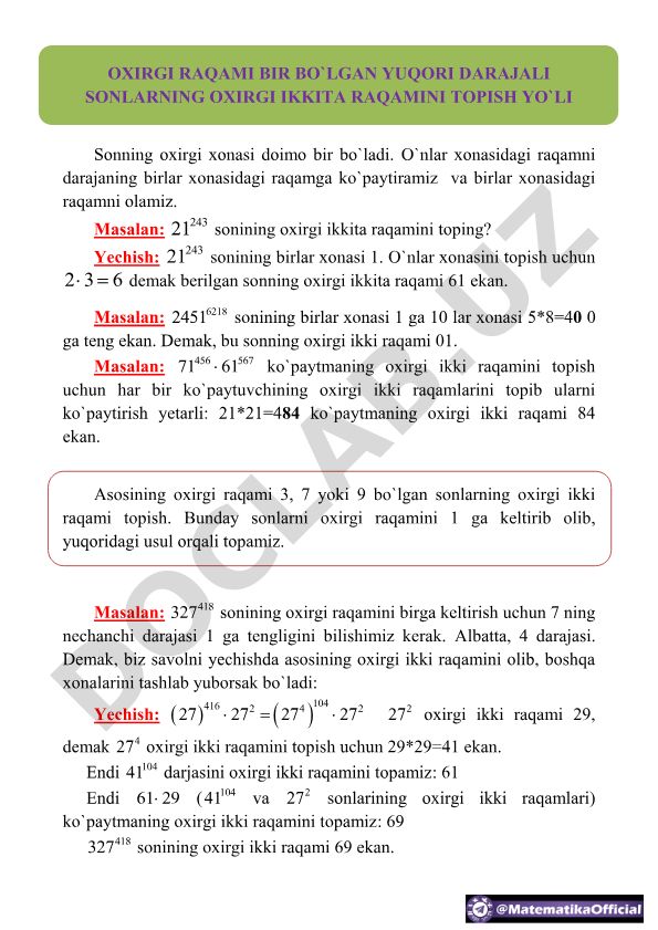 Oxirgi raqami bir bo'lgan yuqori darajali sonlarning oxirgi ikki raqamini topish