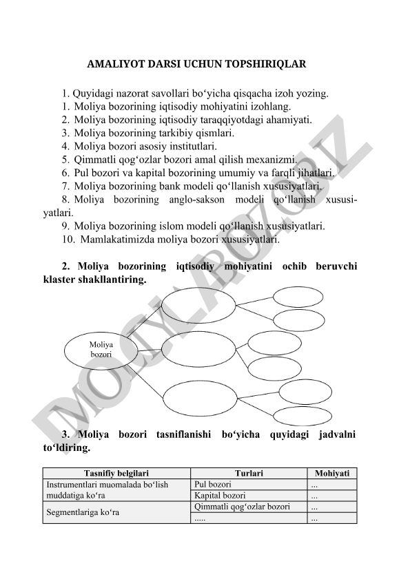 Moliya bozorining iqtisodiy mohiyati va modellari