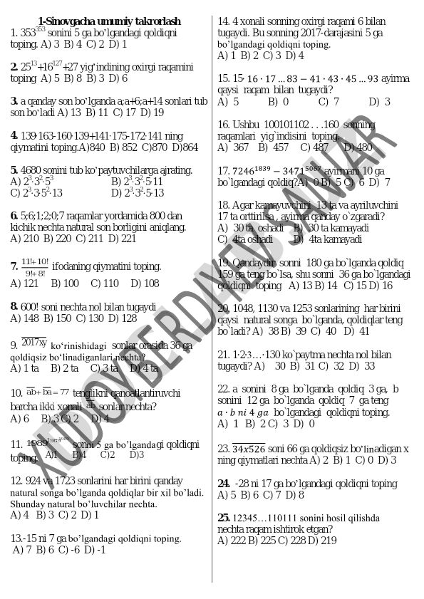 Matematika test savollari to'plami