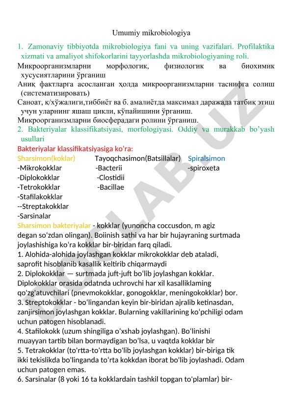 Umumiy mikrobiologiya: bakteriyalar klassifikatsiyasi va morfologiyasi