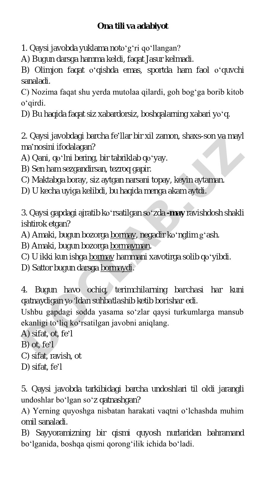 Ona tili va adabiyot test savollari