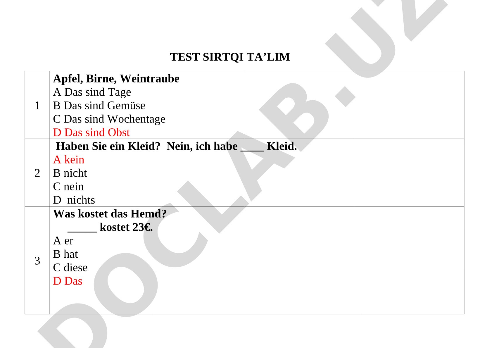 Test sirtqi ta'lim 1 (nemis tili)