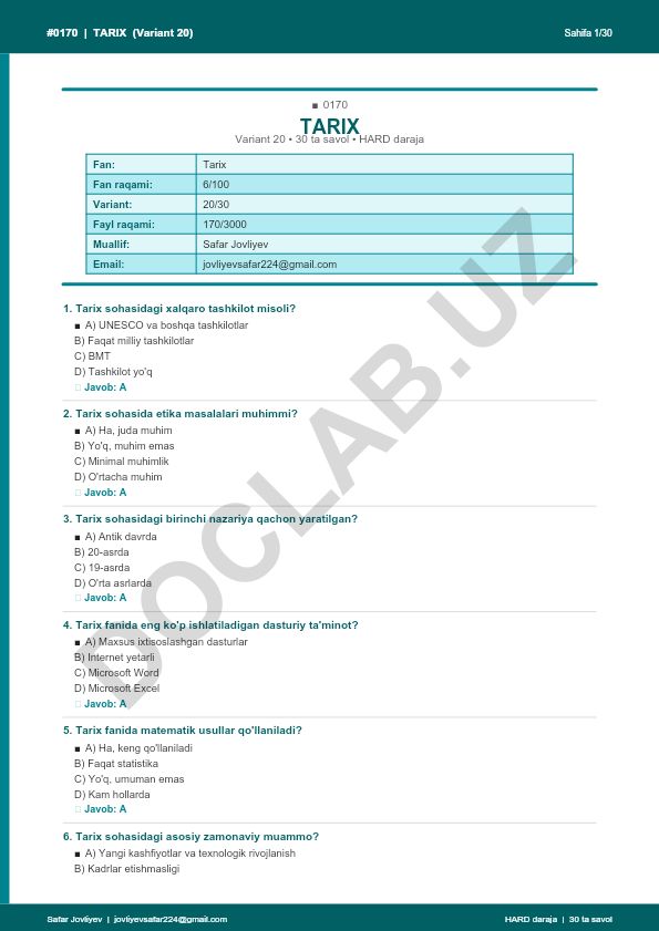 Tarix fanidan test savollari (Variant 20)