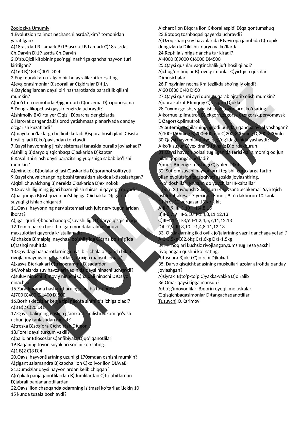 Zoologiya umumiy test savollari