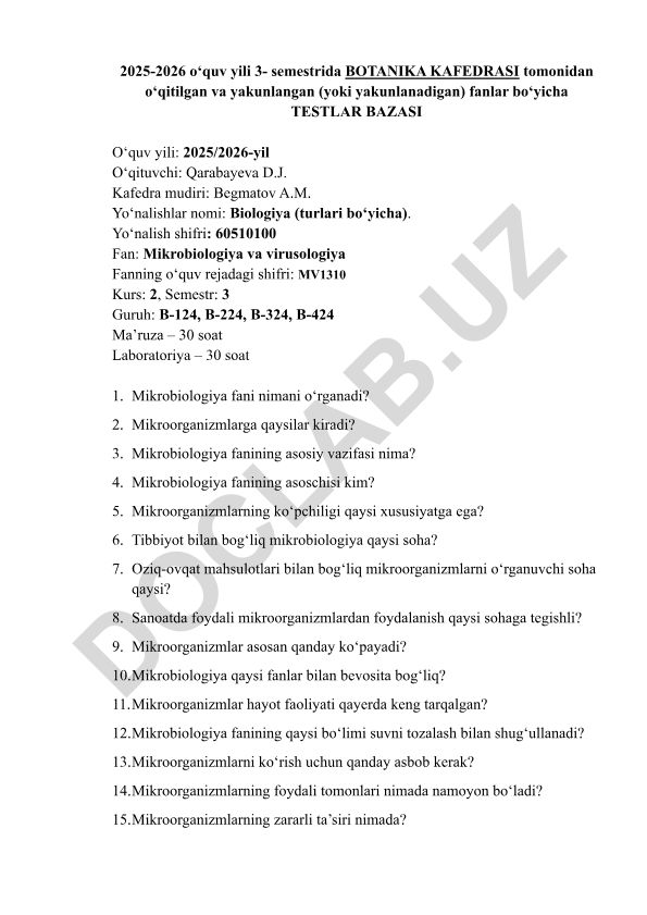 Mikrobiologiya va virusologiya fanidan test savollari