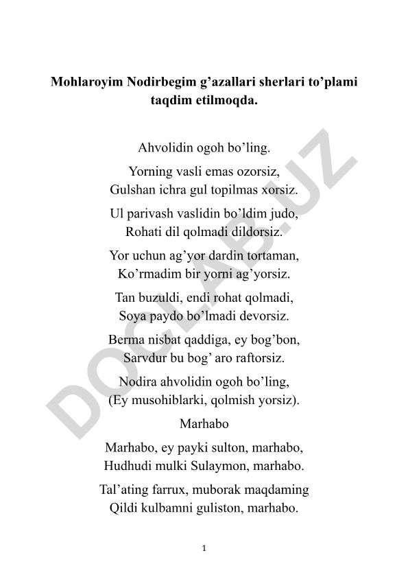 Mohlaroyim Nodirbegim g'azallari sherlari to'plami