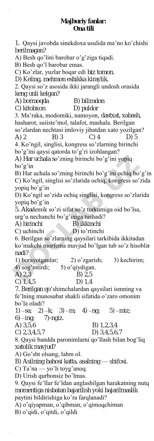Ona tili fanidan test savollari