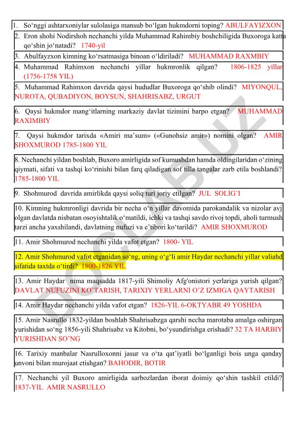 Buxoro amirligi hukmdorlari va ularning siyosati