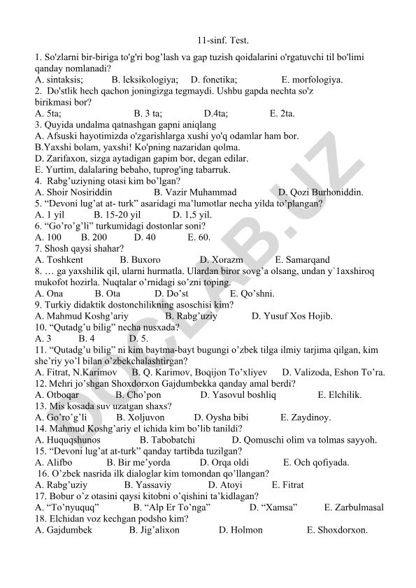O'zbek tili va adabiyoti test savollari