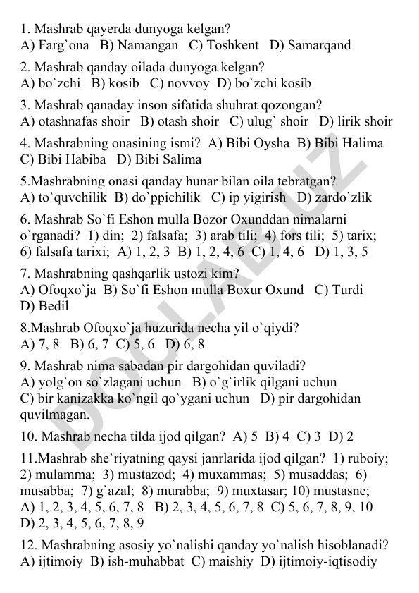 Mashrab hayoti va ijodiga oid test savollari