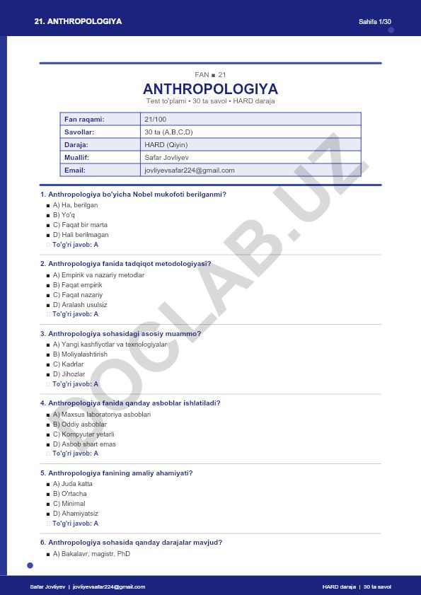 Anthropologiya faniga oid test to'plami