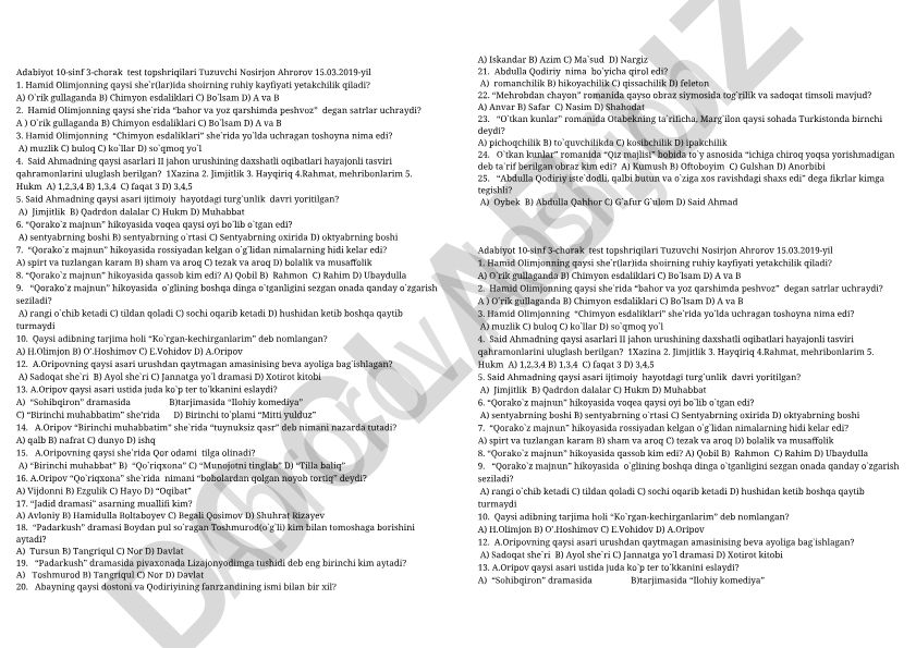 Adabiyot 10-sinf 3-chorak test topshiriqlari