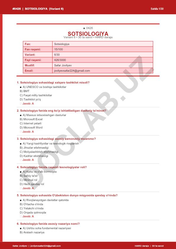 Sotsiologiya fanidan 30 ta savolli test (Variant 6)