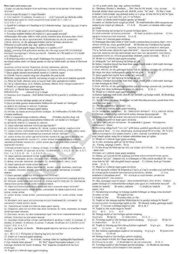 Undov, taqlid, modal va tasdiq so'zlar test savollari