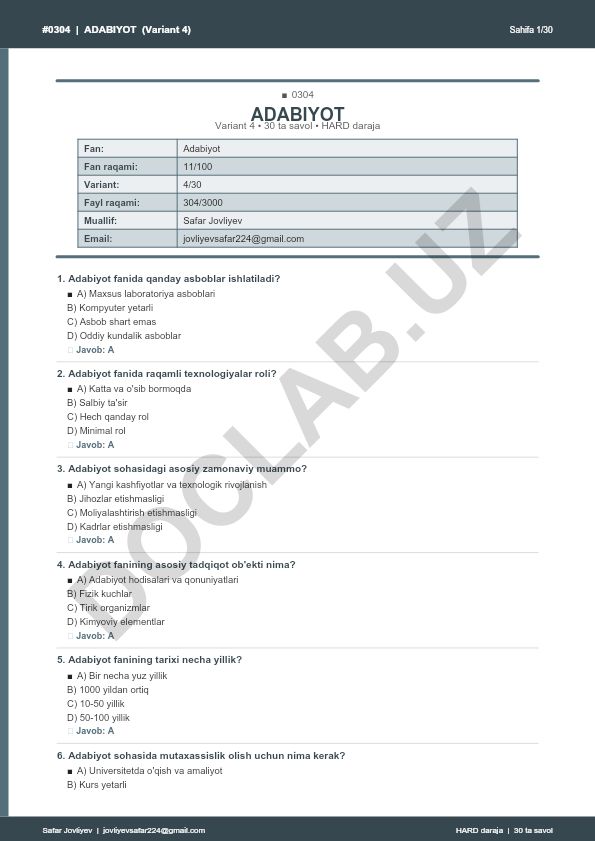 Adabiyot faniga oid test savollari (Variant 4)