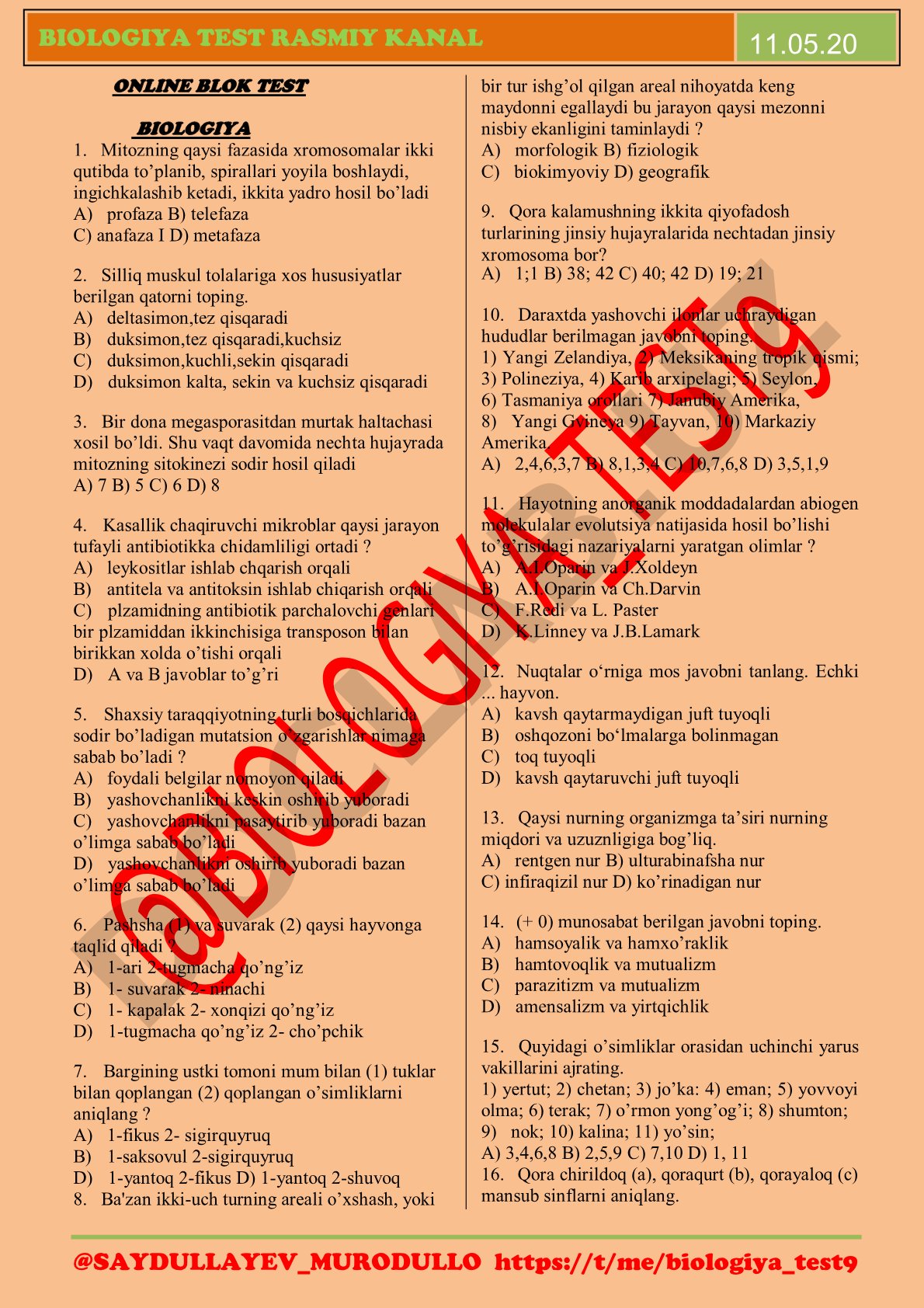 Biologiya test savollari