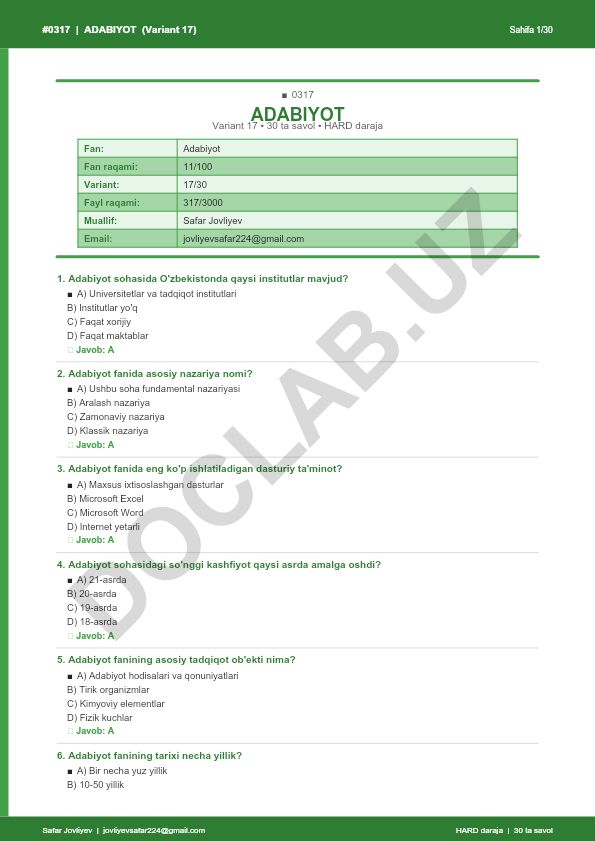 Adabiyot fanidan 30 ta savol testi (Variant 17)