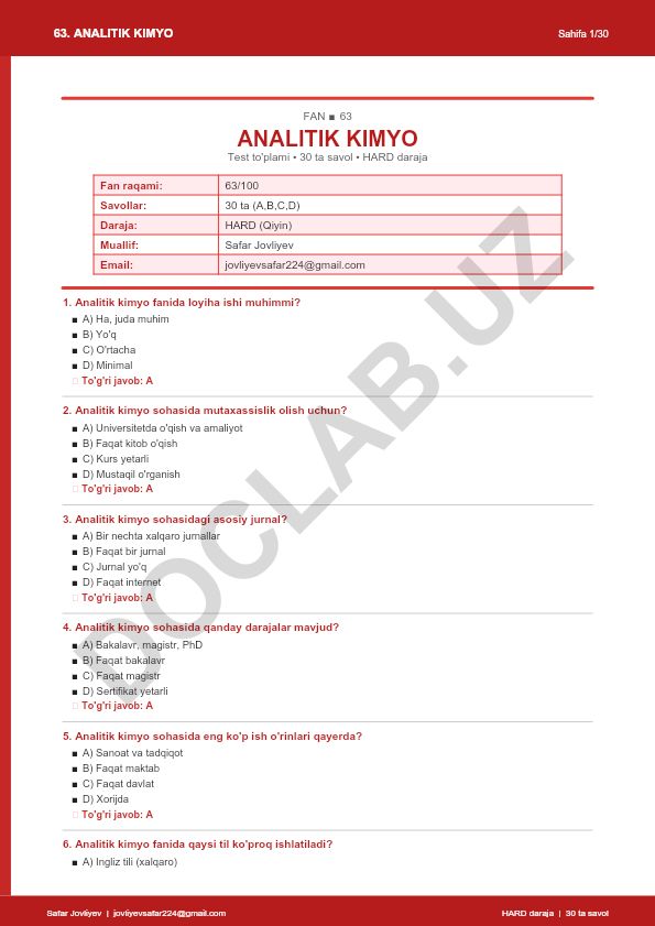 Analitik kimyo fanidan test to'plami