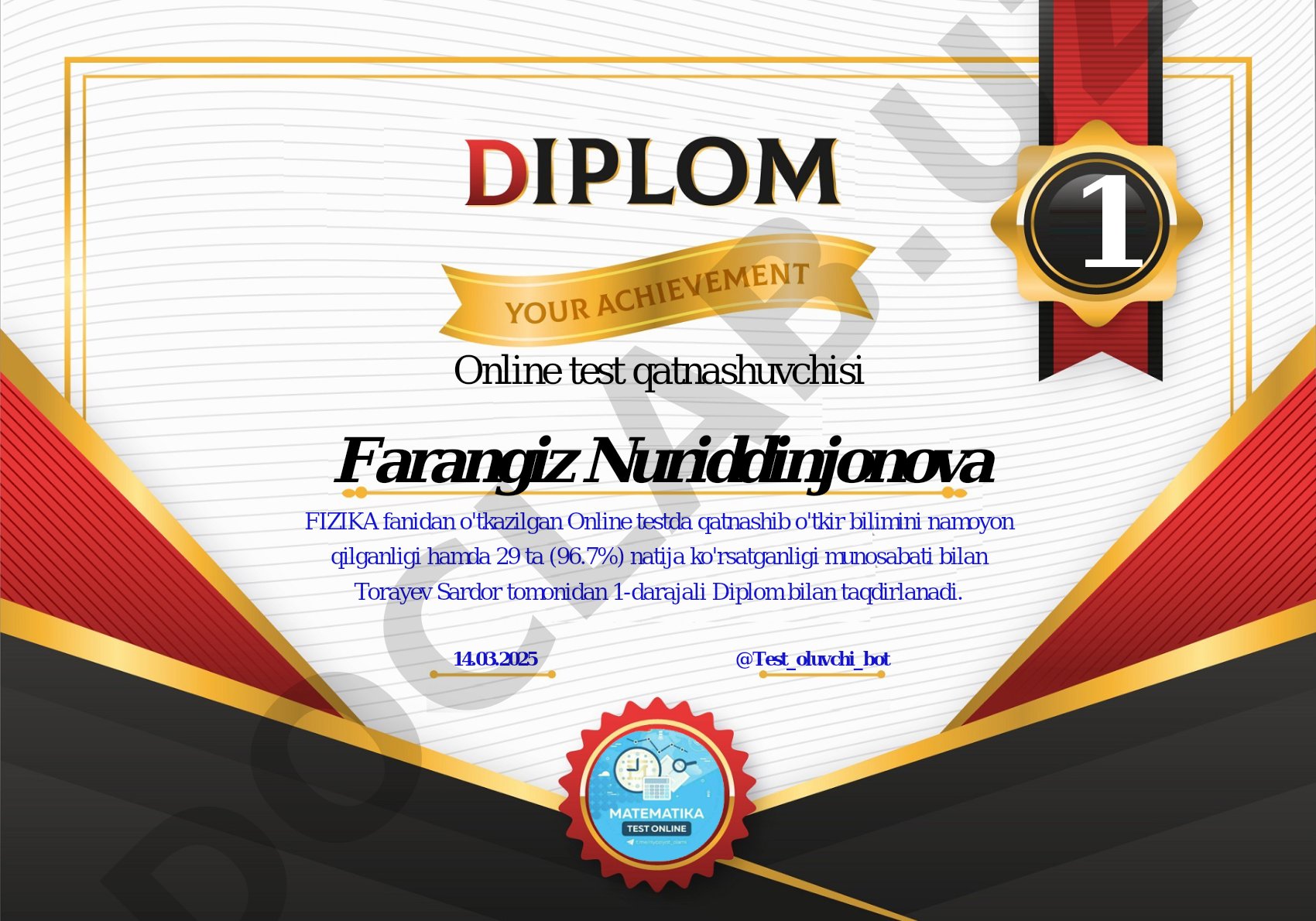 Fizika fanidan online test natijalari