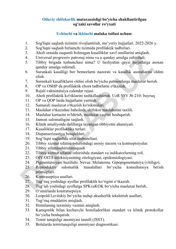 Oilaviy shifokorlik mutaxassisligi bo'yicha og'zaki savollar ro'yxati