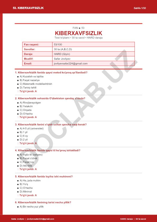 Kiberxavfsizlik fanidan test to'plami