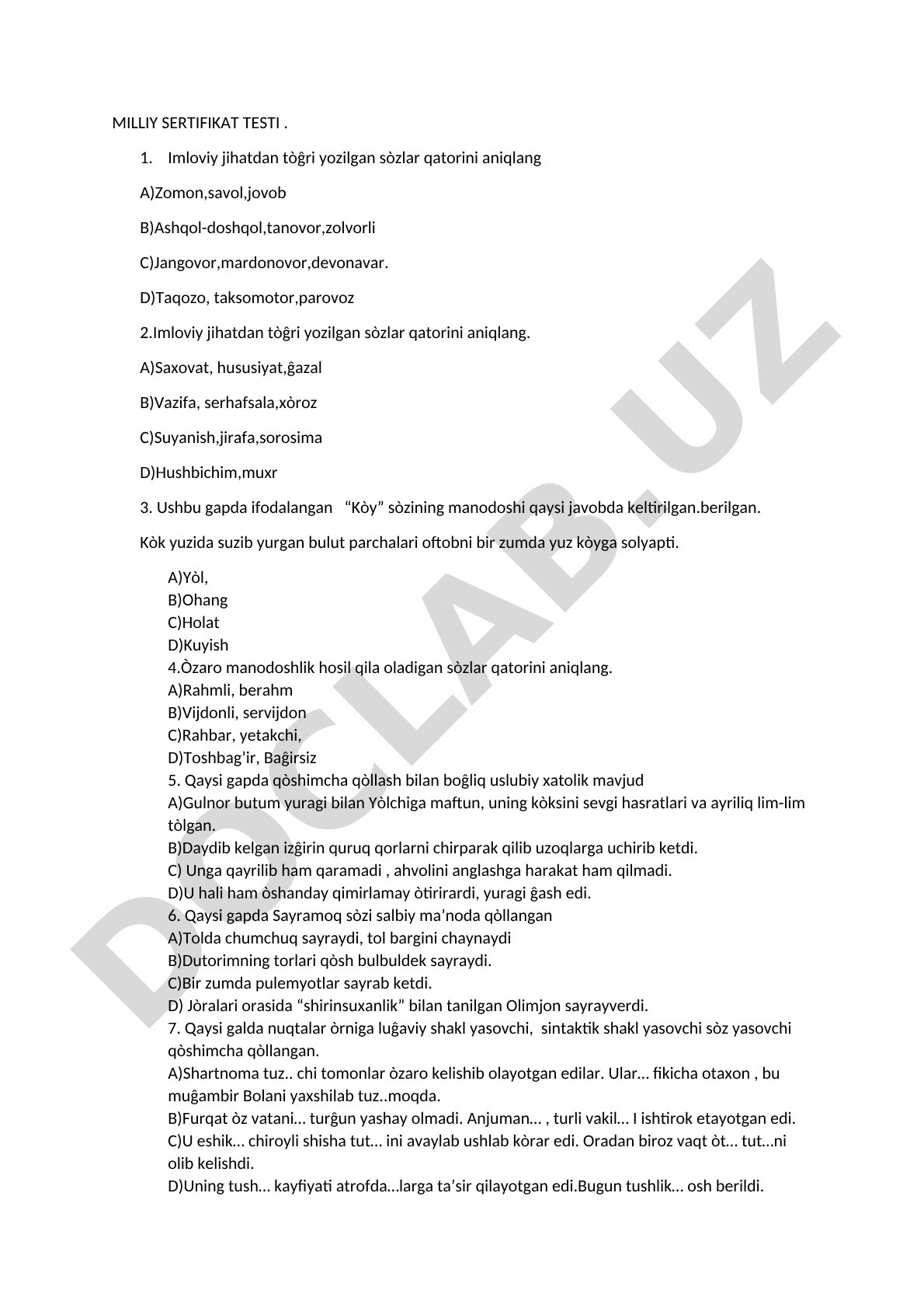 Milliy sertifikat testi savollari