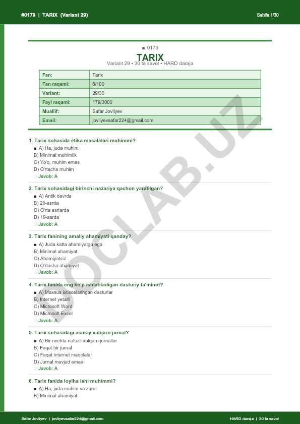Tarix fanidan test savollari (Variant 29)