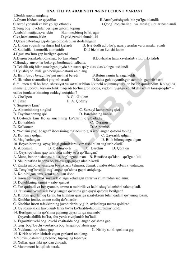 Ona tili va adabiyoti 9-sinf test savollari