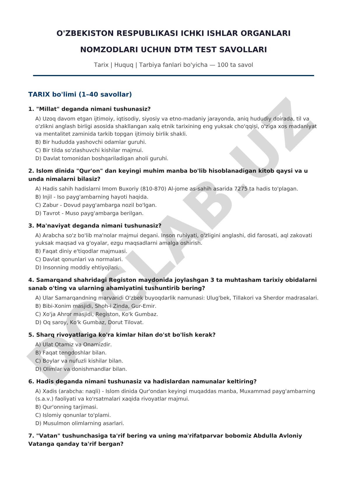 O'zbekiston Respublikasi IIV nomzodlari uchun DTM test savollari