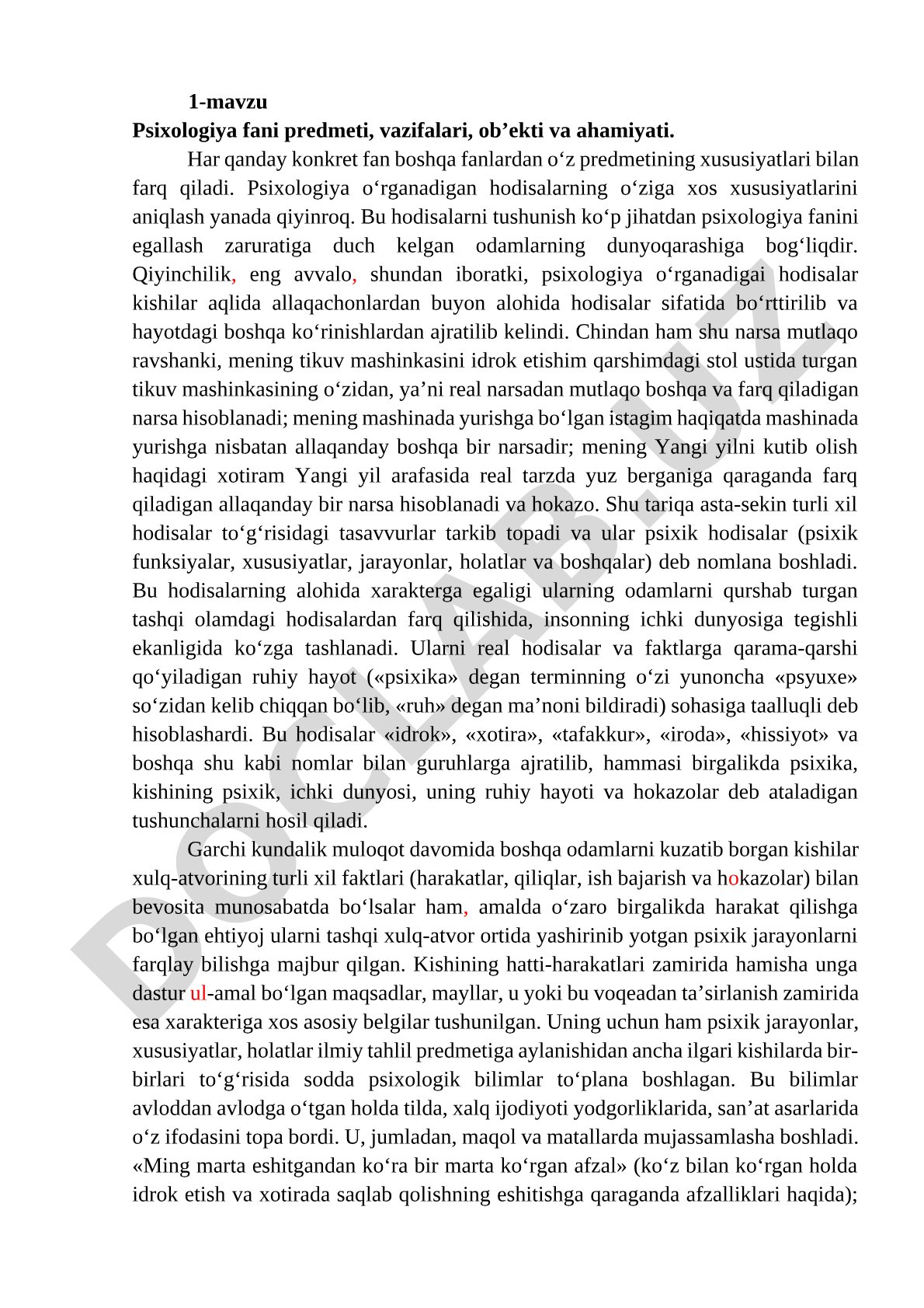 Psixologiya fani predmeti, vazifalari, ob’ekti va ahamiyati