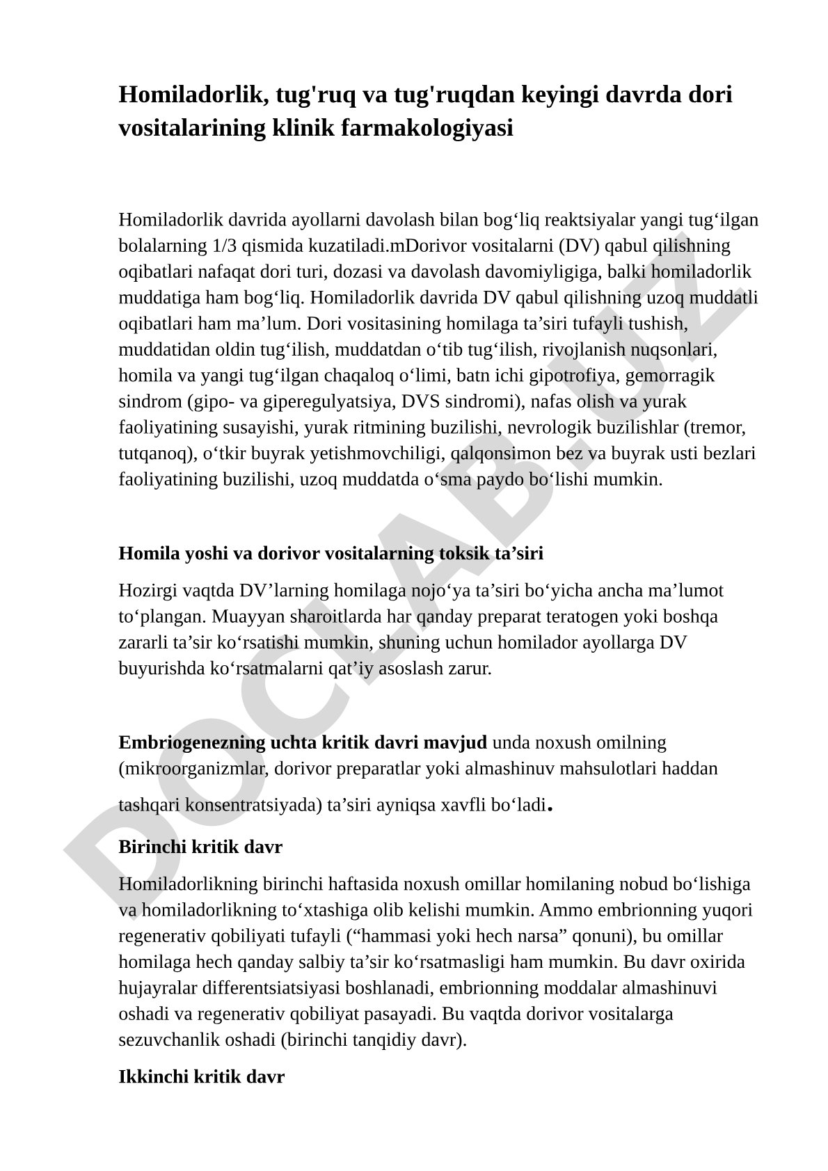 Homiladorlik, tug'ruq va tug'ruqdan keyingi davrda dori vositalarining klinik farmakologiyasi