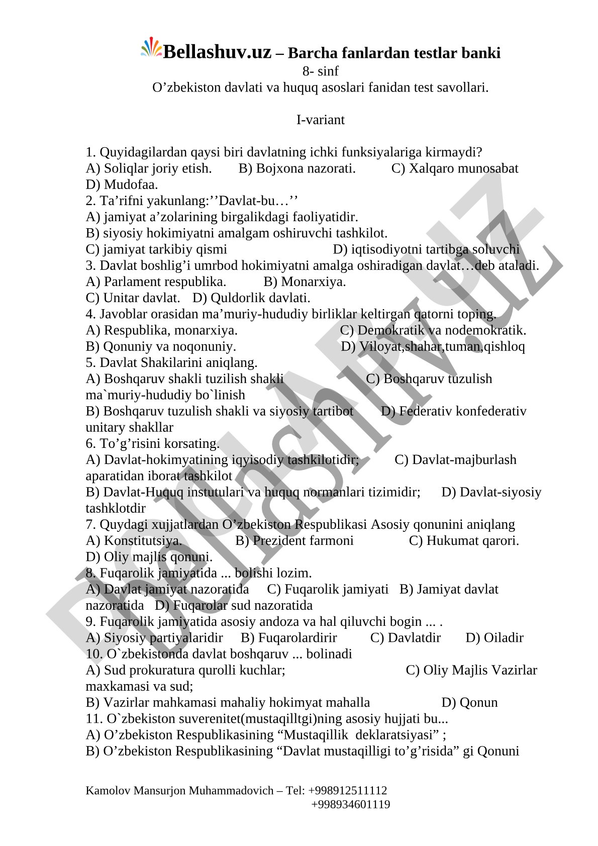 8-sinf O'zbekiston davlati va huquq asoslari fanidan test savollari