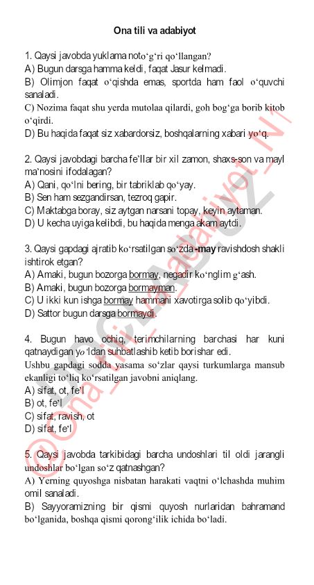 Ona tili va adabiyot fanidan test savollari