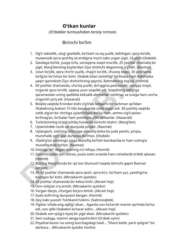 O’zbeklar turmushidan tarixiy ro’mon “O’tkan kunlar” birinchi bo’lim