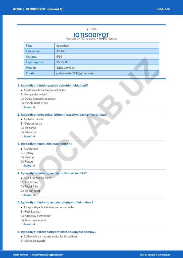 Iqtisodiyot faniga oid test savollari (Variant 6)