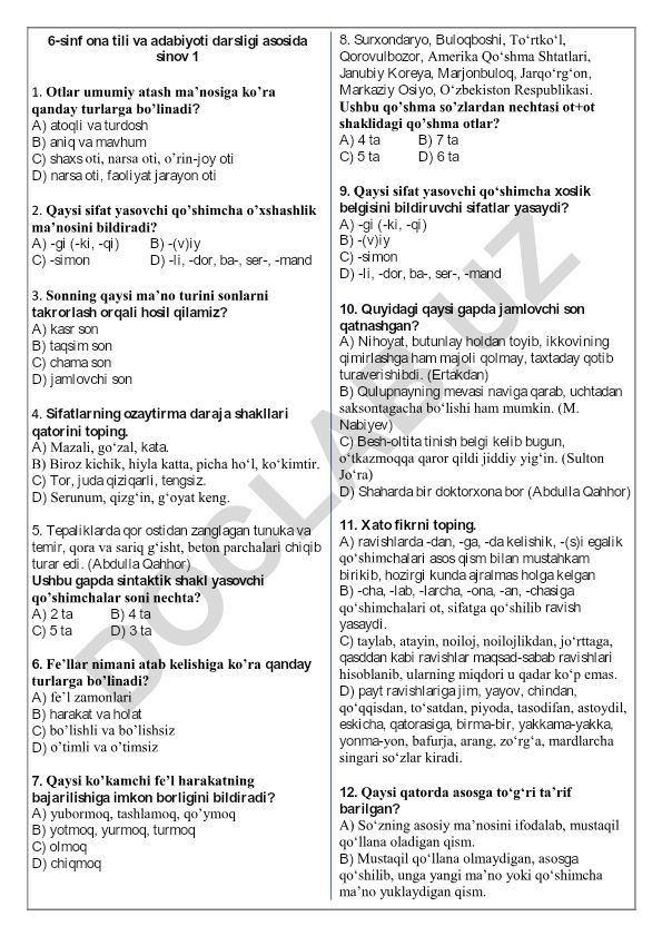 6-sinf ona tili va adabiyoti test savollari