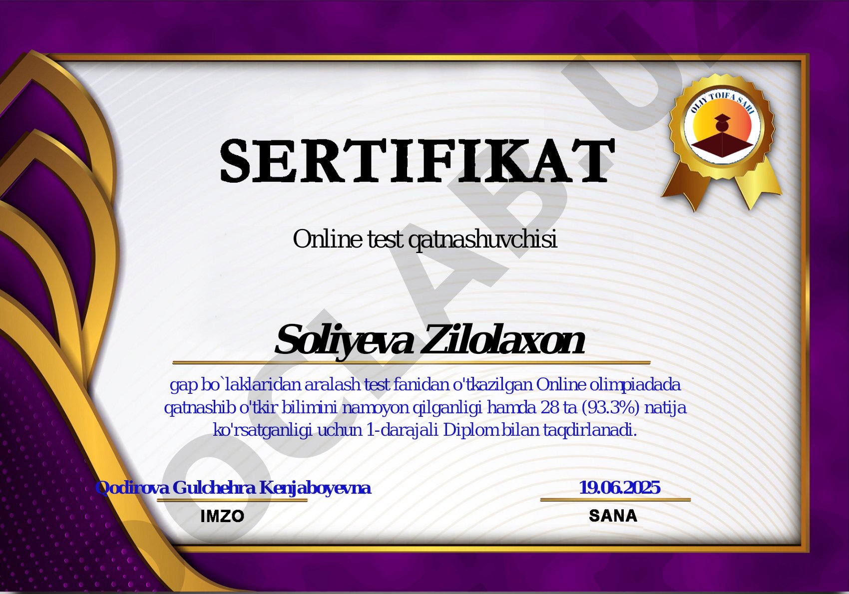 Online olimpiada g'oliblari diplomlari