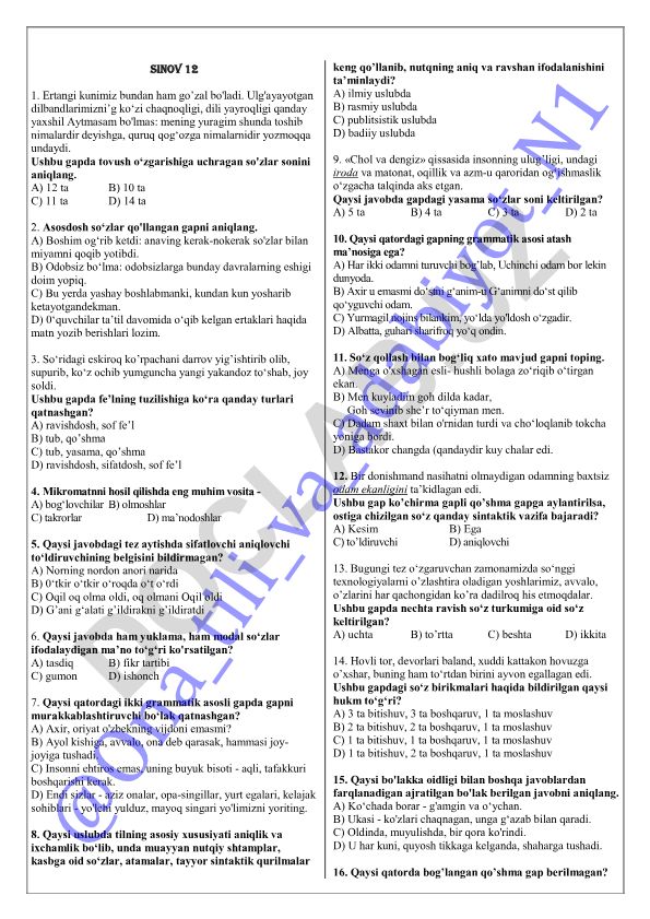 O'zbek tili test savollari va javoblari