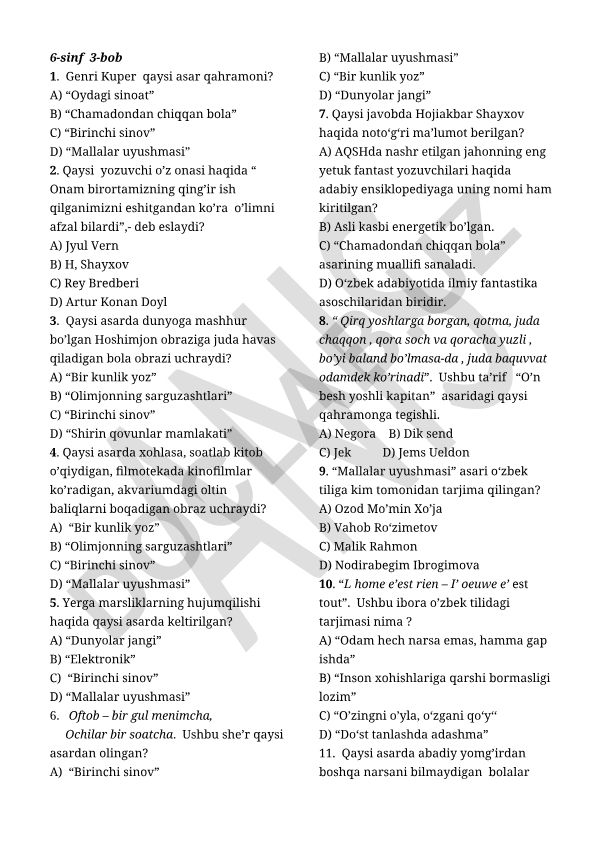 6-sinf adabiyot fanidan test savollari