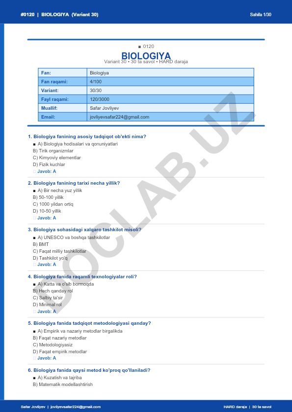 Biologiya fanining asosiy tadqiqot ob'ekti va metodologiyasi