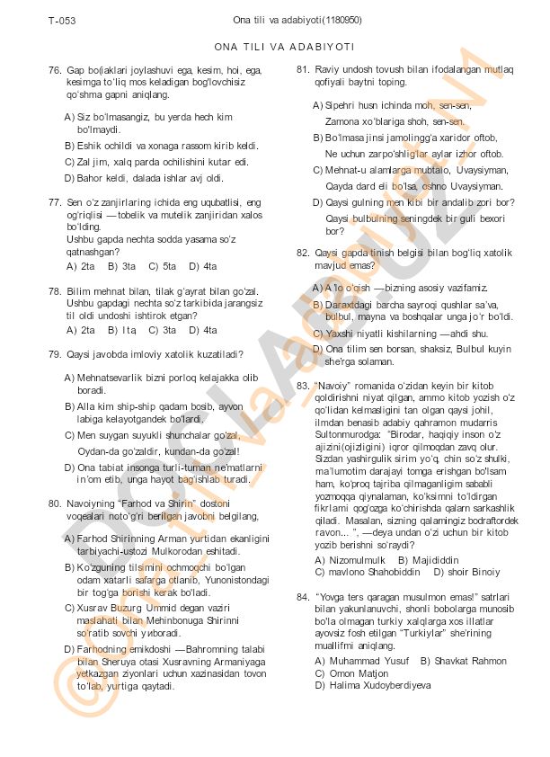Ona tili va adabiyot fanidan test savollari