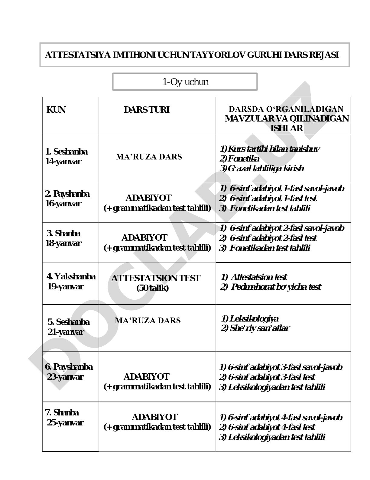 Attestatsiya imtihoni uchun tayyorlov guruhi dars rejasi (1-oy)