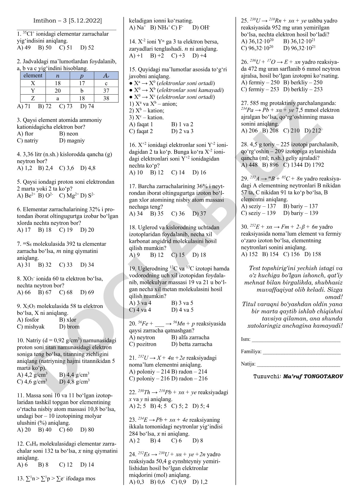 Imtihon – 3 (kimyo fanidan test savollari)