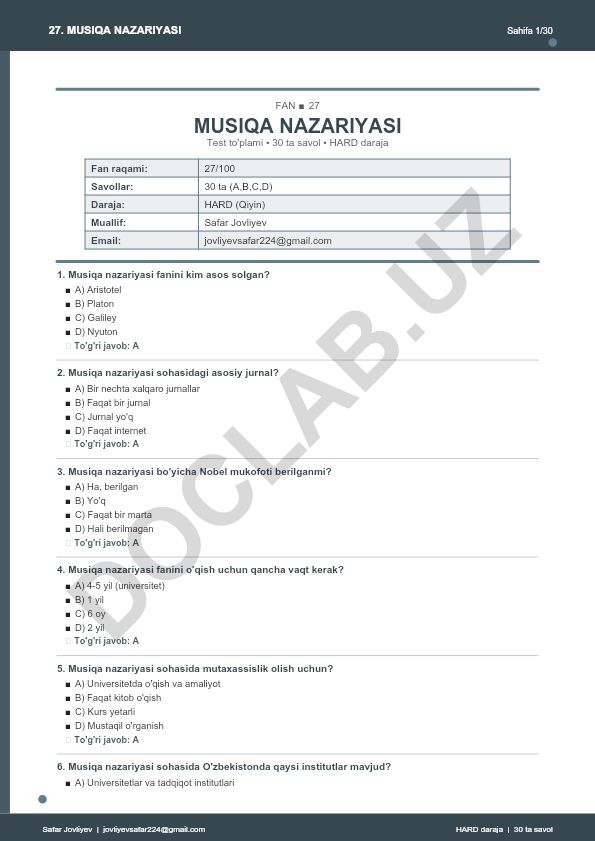 Musiqa nazariyasi test to'plami