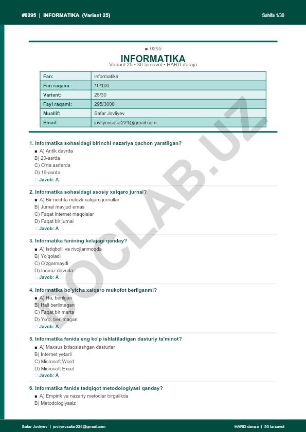 Informatika fanidan 30 ta savol va javoblar to'plami