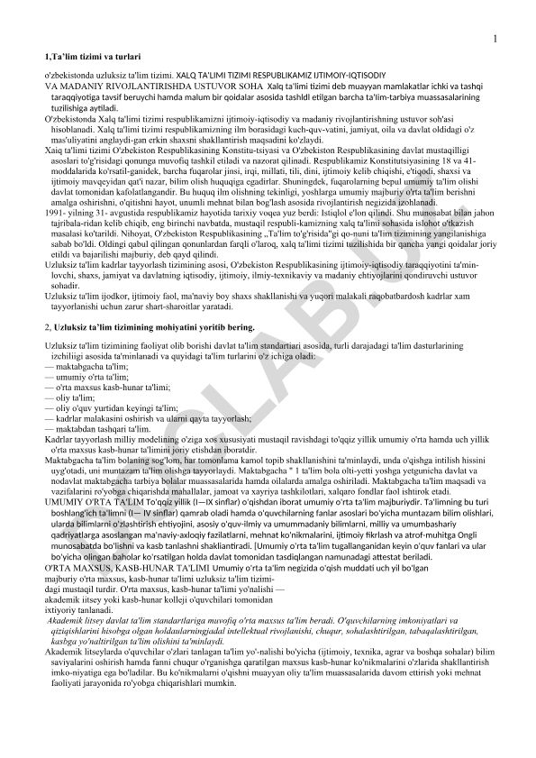 O'zbekistonda xalq ta'limi tizimi va uning rivojlanishi
