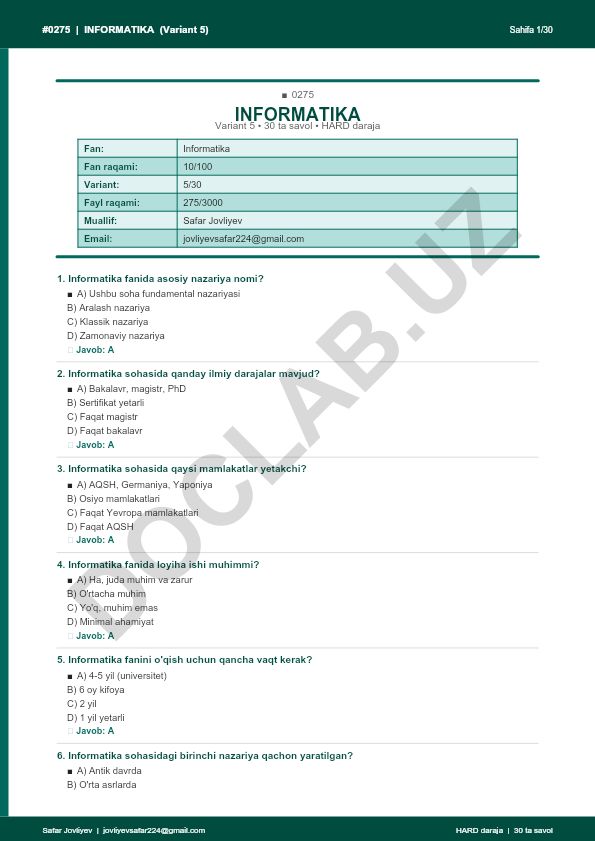 Informatika fanidan 30 ta savolli test (Variant 5)
