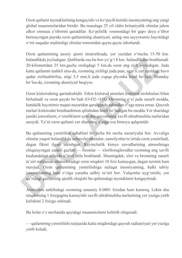 Ozon qatlami tuynuklarining kengayishi va ko'payib ketishi