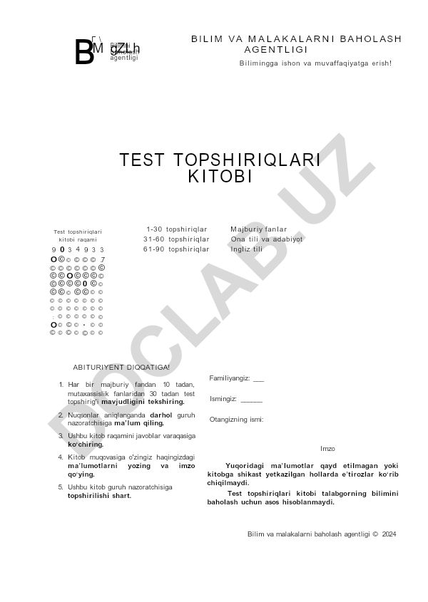 Bilim va malakalarni baholash test topshiriqlari kitobi