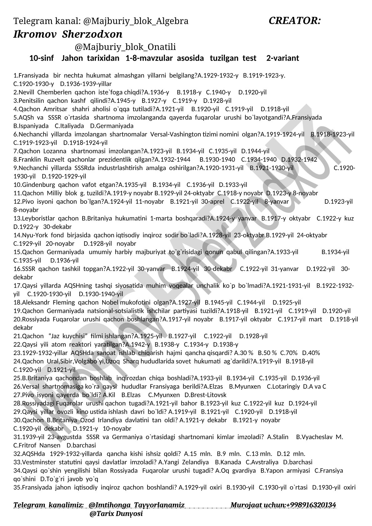 10-sinf Jahon tarixidan 1-8-mavzular asosida tuzilgan test 2-variant